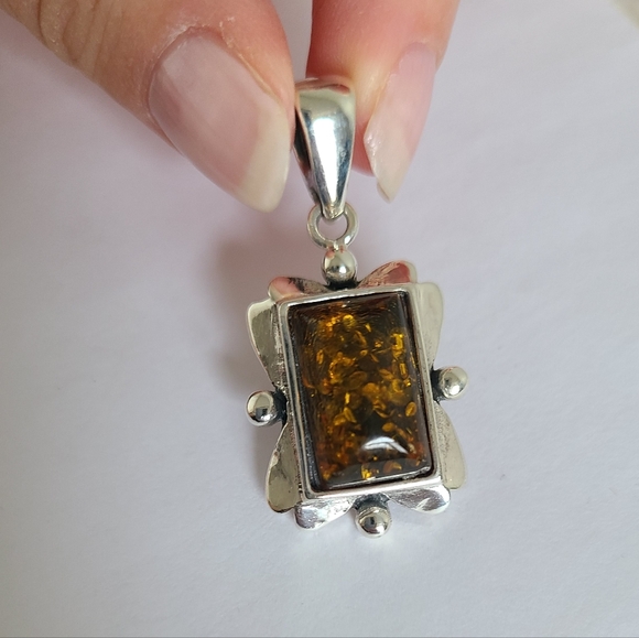 Vintage Sterling Silver Boho Western Chunky Square Orange Amber Pendant - Picture 7 of 11